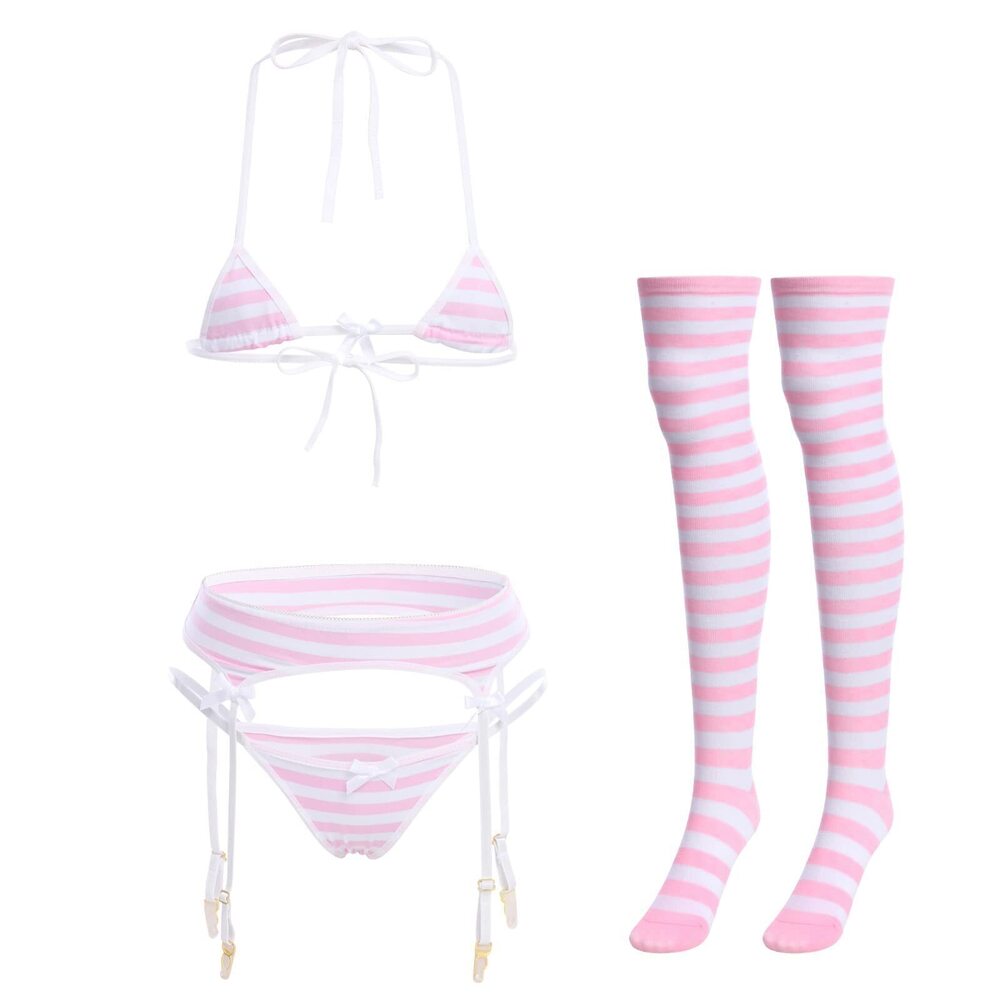 1026 Cute Kawaii Lingerie set Halter Strap Micro Bra Tiny Panty Garter Belt
